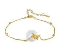 LIUYUYOUGO Bracelet En Argent Sterling Bracelet De Naissance En Argent Sterling Pour Femme Fleur De Calcédoine Blanche Donut Style Chinois Douze Dieux Floraux Doré Réglable Rétro Ethnique Bijoux