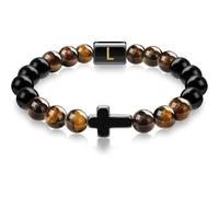 LIUYUYOUGO Bracelet Femme Bracelet Croix En Perles Pour Homme Pierre Naturelle D'Obsidienne Œil De Tigre Initiale Az Cristal Perles Extensibles Méditation Prière Yoga Pierres Précieuses Bijoux C
