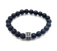 LIUYUYOUGO Bracelet Perle Bracelet En Perles De Cristal D'Agate De Lave Noire En Pierre Naturelle Lettres Az Perles Extensibles De 8 Mm Bracelets Initiales Bracelet À Breloques Carré Vieilli Bijou