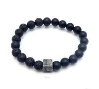 LIUYUYOUGO Bracelet Perle Bracelet En Perles De Cristal D'Agate De Lave Noire En Pierre Naturelle Lettres Az Perles Extensibles De 8 Mm Bracelets Initiales Bracelet À Breloques Carré Vieilli Bijou
