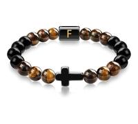 LIUYUYOUGO Bracelet Pierre Bracelet Croix En Perles Pour Homme Pierre Naturelle D'Obsidienne Œil De Tigre Initiale Az Perles Extensibles En Cristal Bracelets De Méditation Prière Yoga Pierres Pré