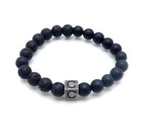 LIUYUYOUGO Bracelet Pierre Bracelet En Perles De Cristal D'Agate De Lave Noire En Pierre Naturelle Lettres Az Perles Extensibles De 8 Mm Bracelets Initiaux Breloque Carrée Vieillie Bijoux Punk Anti