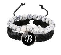 LIUYUYOUGO Bracelet Pierre Lot De 2 Bracelets En Cuir Pour Homme Avec Initiales En Pierre Naturelle Blanche Et Turquoise Breloques Avec Lettres Az Double Couche Tressée Bijoux Avec Lettre B