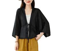 LIUYUYOUGO Cardigan Élégant Femme Cardigans en Lin pour Femmes Kimono À Nouer sur Le Devant Surdimensionné Manches 3/4 Chauve-Souris Capes Transparentes Haut Élégant D'Été Veste Légère Che