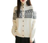 LIUYUYOUGO Cardigan Femme Chic Et Elegant Gilet Cardigan Fair Isle pour Femme 100% Laine Mérinos Col Roulé Style Nordique Aztèque Manches Longues Ouverture sur Le Devant Fermeture Boutonnée Man