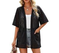 LIUYUYOUGO Cardigan Femme Chic Et Elegant Gilet Kimono Long Et Léger À Poches Ouvert sur Le Devant Coupe Ample Et Décontractée Manches Courtes Style Boléro Idéal pour L'Été Et La Plage Noir