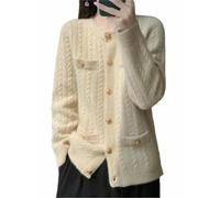 LIUYUYOUGO Cardigan Femme Gilet Ras du Cou pour Femme 100% Laine Mérinos Style Vintage Grosse Maille Torsadée Élégant Manches Longues Pull/Manteau en Maille Doux Et Confortable Couleur Beige Ta