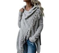 LIUYUYOUGO Etole Femme Chic Mariage Pull Châle Asymétrique À Pompons Pour Femme Long Cardigan Gris Moucheté Pull En Tricot Poncho Ample À Franges Collection Automne Hiver S