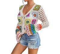 LIUYUYOUGO Femme Cardigan Léger Cardigan Boutonné Au Crochet pour Femme Pull en Tricot À Manches Longues Col en V Motif Floral Ajouré Haut Court Bohème Vintage Pull Tricoté Multicolore Fait Ma