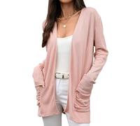 LIUYUYOUGO Gilet Femme Chic Cardigan Long Ouvert sur Le Devant pour Femme Léger Uni en Jacquard Doux Manches Longues Cascade Tricot avec Poches Rose XL