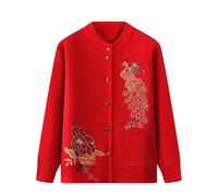 LIUYUYOUGO Gilet Femme Chic Cardigan Tricoté pour Personnes D'Âge Moyen Et Âgées Style Ethnique Motif Paon Jacquard Doux Et Chaud Style Décontracté pour Grand-Mère pour L'Automne Et Noël Rou