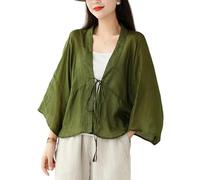 LIUYUYOUGO Gilet Femme Chic Cardigans en Lin pour Femmes Kimono À Nouer sur Le Devant Surdimensionné Manches 3/4 Chauve-Souris Capes Transparentes Haut Élégant D'Été Veste Légère Chemisier D