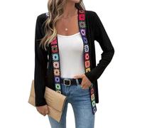 LIUYUYOUGO Gilet Femme Chic Pull en Crochet pour Femme Cardigan Bohème Motif Floral Multicolore Style Granny Square Vêtement D'Extérieur Ouvert sur Le Devant Manches Longues Vintage Mi-Long Veste