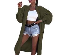 LIUYUYOUGO Gilet Long en Grosse Maille pour Femme Manches Ballon Oversize Ouvert sur Le Devant Maille Côtelée Poches Vêtement d'hiver Ample Idéal Au Quotidien Vert Kaki Taille M