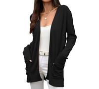 LIUYUYOUGO Gilets Femme Cardigan Long Ouvert sur Le Devant pour Femme Léger Uni en Jacquard Doux Manches Longues Style Cascade Tricot avec Poches Noir XL