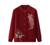 LIUYUYOUGO Gilets Femme Cardigan Tricoté pour Femmes D'Âge Moyen Et Âgées Style Ethnique Motif Paon Jacquard Doux Et Chaud Style Décontracté pour Grand-Mère Automne Bordeaux Rouge Taille L