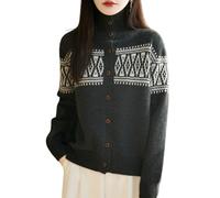 LIUYUYOUGO Gilets Femme Gilet Cardigan Fair Isle pour Femme 100% Laine Mérinos Col Roulé Style Nordique Aztèque Manches Longues Ouverture sur Le Devant Fermeture Boutonnée Manteau d'hiver Chaud