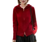LIUYUYOUGO Gilets Femme Gilet en Laine Mérinos 100% pour Femme À Capuche Zippée Et Torsadée Rouge Taille M Pull Chaud Et Épais Idéal pour L'Automne Et l'hiver