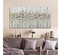 LIUYUYOUGO Peinture À L'Huile Sur Toile Peinte À La Main Représentant Des Fleurs Blanches Style Abstrait Texturé Réalisée Au Couteau À Palette Décoration Murale Florale Avec Feuille D'Or Dé