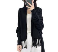 LIUYUYOUGO Poncho Femme Châle En Laine Mérinos 100% Poncho Cape Cardigan Doux Cachemire Franges Devant Ouvert Manteau Pull Élégant Automne Hiver Manches Chauve Souris Noir