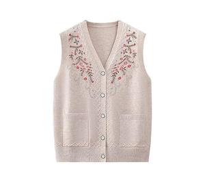 LIUYUYOUGO Pull sans Manche Cardigan Tricoté pour Personnes Âgées Et D'Âge Moyen Pull sans Manches À Col en V Gilet en Tricot À Broderie Florale Pull pour Grand-Mère Haut en Tricot pour Vieil