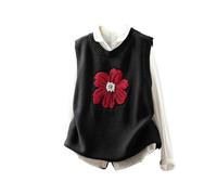 LIUYUYOUGO Pull sans Manche Femme Gilet sans Manches À Fleurs pour Femme Col Rond Orné De Jolis Motifs Floraux Pull en Maille Tendance Et Ample en Coton Idéal pour Le Printemps Et L'Été Noir Ta