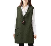 LIUYUYOUGO Pulls sans Manche Femme Gilet Pull Long pour Femme Pull sans Manches Robe Ample Col en V Débardeur Tricoté Pull Ample Gilet Mi-Long Gilet en Tricot avec Poches Vert Armée M