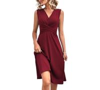 LIUYUYOUGO Robe D'Été Mi-Longue sans Manches pour Femme Élégante Croisée Froncée Trapèze Vintage Unie Col en V Robe D'Été Patineuse Cocktail Soirée Longue Bordeaux Rouge S