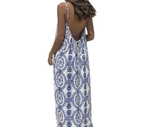 LIUYUYOUGO Robe Ete Robe Bohème Fleurie Sexy Dos Nu À Bretelles Fines Robe Maxi Fluide sans Manches À Nouer dans Le Dos Tenue De Plage Bohème pour Femme Motif Ethnique Floral Taille 4XL