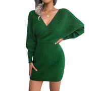 LIUYUYOUGO Robe Femme Chic Et Elegant Hiver Robe en Tricot Cache-Cœur Élégante À Col en V pour Femme Manches Chauve-Souris Robes Pull pour Femmes Robes Moulantes Sexy Robe Côtelée Robe Pull Mi