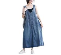 LIUYUYOUGO Robe Femme Ete,Robe Chasuble en Jean pour Femme Grande Taille sans Manches Col en V Robe Débardeur Été Décontractée Ample Maxi Vintage Épissure Robe en Jean avec Poche pour Dames Et