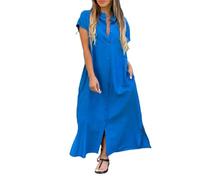 LIUYUYOUGO Robe Femme Ete Robe Chemise Longue D'Été pour Femme en Coton Et Lin Boutonnée Décontractée Surdimensionnée Légère Aérée Fluide Longue Caftan Tenue De Plage De Travail Bleu Roi T