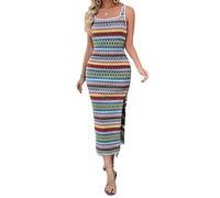 LIUYUYOUGO Robe Femme Ete Robe Débardeur pour Femme Col Carré Moulante Jupe Crayon en Jacquard À Rayures Géométriques Aztèques Sexy Slim Fendue sur Le Côté Longue Robes Décontractée Bohème