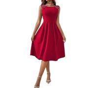 LIUYUYOUGO Robe Femme Ete Robe D'Été Mi-Longue sans Manches pour Femme Élégante Col Ras du Cou Robes Patineuse À Perles Décontractée Coupe Trapèze Évasée Plissée Tenue De Soirée Cocktail