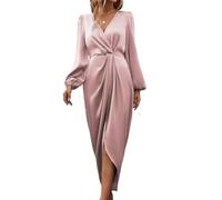 LIUYUYOUGO Robe Femme Ete Robe Mi-Longue en Satin À Col en V Et Manches Longues pour Femme Élégante Froncée Taille Élastique avec Fente Idéale pour Un Cocktail Un Mariage Une Soirée Une Soir