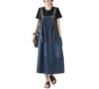 LIUYUYOUGO Robe Femme Longue,Robe Chasuble en Jean pour Femme Élégante Bleu Foncé sans Manches Robe D'Été Décontractée Salopette en Jean Ample Surdimensionnée Froncée avec Cordon De Serrage