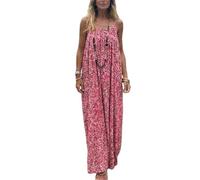 LIUYUYOUGO Robe Femme Longue Robe Nuisette Dos Nu pour Femme Robe Longue Maxi D'Été sans Manches Imprimé Floral Bohème Robe Fluide Dos Nu À Nouer dans Le Dos Rose Rouge XL