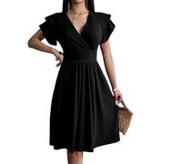 LIUYUYOUGO Robe Portefeuille Mi-Longue pour Femme Col en V Volants Manches Courtes Froncée Couleur Unie Élégante Coupe Trapèze Style Patineuse Idéale pour Un Cocktail Une Soirée Un Bureau Noir
