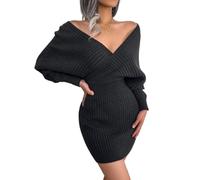 LIUYUYOUGO Robe Pull Femme Hiver Robe en Tricot Cache-Cœur Élégante À Col en V pour Femme Manches Chauve-Souris Robes Pull pour Femmes Robes Moulantes Sexy Robe Côtelée Robe Pull Mini Robe Mig