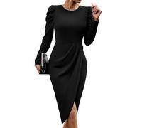 LIUYUYOUGO Robes Casual Femme Robe Mi-Longue Moulante À Manches Longues pour Femme Tenue Élégante Col Rond Froncée Coupe Slim Coupe Crayon Idéale pour Un Cocktail Un Mariage Ou Une Soirée Noir