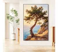LIUYUYOUGO Tableau À L'Huile 100% Peint À La Main Représentant Un Paysage Marin Côtier Avec Des Pins Et Un Coucher De Soleil Sur La Mer Méditerranée Toile Murale Moderne Grand Format Décorati