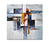 LIUYUYOUGO Tableau Abstrait Moderne À Motifs Géométriques En Blocs Avec Des Touches De Bleu Sarcelle De Noir Et De Feuille D'Or Peinture À L'Huile 100% Peinte À La Main Sur Toile Œuvre D'Art