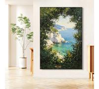 LIUYUYOUGO Tableau Sur Toile Texturé Peint À La Main Représentant Un Paysage Marin Turquoise Avec Des Arbres Verts Méditerranéens Style Impressionniste Idéal Pour Décorer Un Salon Dimensions