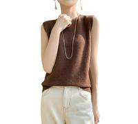 LIUYUYOUGO Tricoté Gilet Débardeur Femme 100% Laine Mérinos sans Manches Col Rond Maille sans Couture Idéal pour L'Automne Gilet Léger Et Doux Style Thermique Couleur Café Taille S