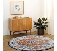 Livabliss Asmara Tapis Rond Vintage - pour Salon, Salle à Manger et Cuisine - Multicolore - Facile d'entretien - 120 cm - Bleu et Orange