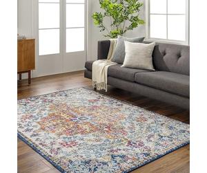 Livabliss Asmara Vintage - de Salon, Salle à Manger, Chambre, Cuisine - Boheme Chic, Design Traditionnel Oriental Multicolore, Coloré Poil Court 157x213 cm - Orange, Blanc et Bleu