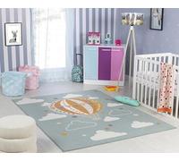 Livabliss Montgolfière Tapis Chambre Enfant Bleu, Blanc, Moutarde - Tapis Enfant Poil Court Coloré et Doux pour Chambres à Coucher, Salle de Jeu - Carpette Chambre Fille, Garçon, Bébé - 120x170 cm