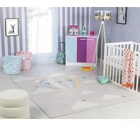 Livabliss Montgolfière Tapis Chambre Enfant Gris, Bleu et Ivoire - Tapis Enfant Poil Court Coloré et Doux pour Chambres à Coucher, Salle de Jeu - Carpette Chambre Fille, Garçon, Bébé - 80x150 cm
