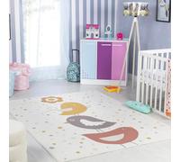 Livabliss Oiseaux Tapis Chambre Enfant Blanc, Moutarde, Orange - Tapis Enfant Poil Court Coloré et Doux pour Chambres à Coucher, Salle de Jeu - Carpette Chambre Fille, Garçon, Bébé - 120x170 cm