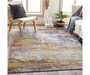 Livabliss Sarasota Moderne Abstrait - Salon, Salle à Manger, Chambre Adulte et Ado, Cuisine - Design Marbre Moucheté Multicolore, Poil Ras Doux 157x213 cm - Bleu, Moutarde